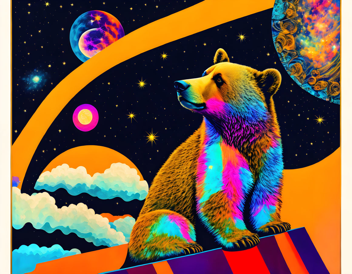 Colorful bear illustration with cosmic background and celestial elements