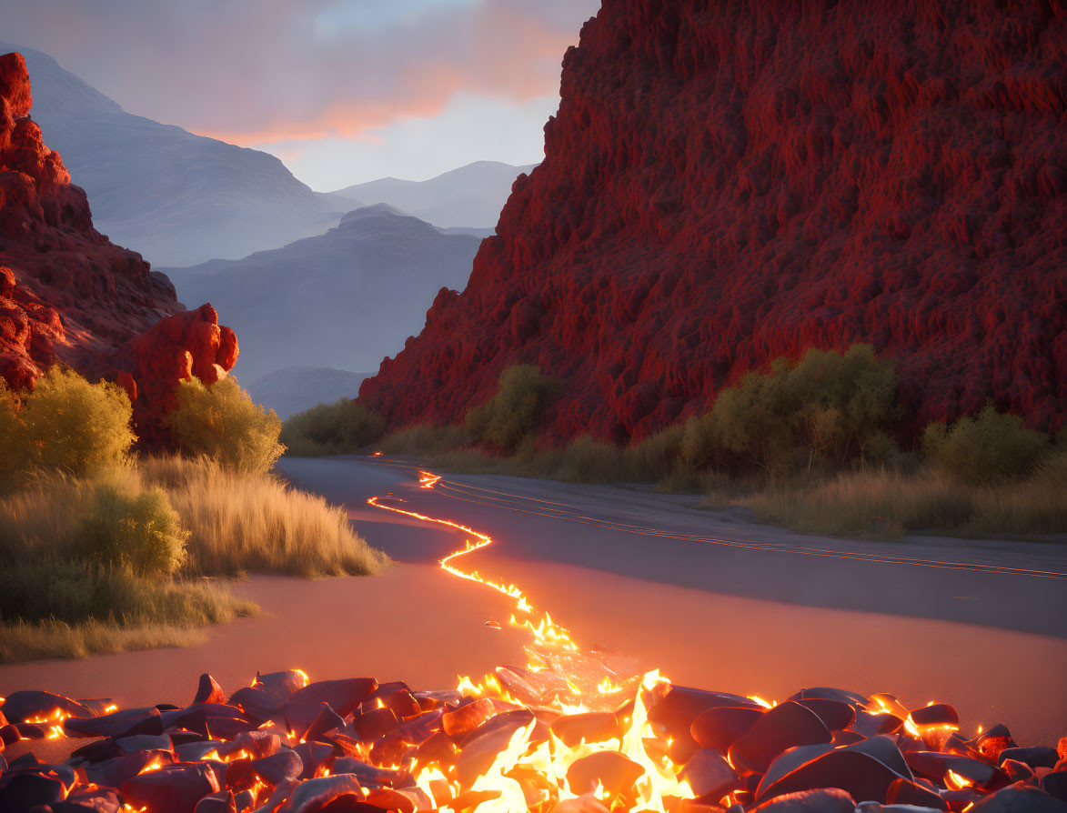 Scenic winding road through glowing lava flows and rocky terrain