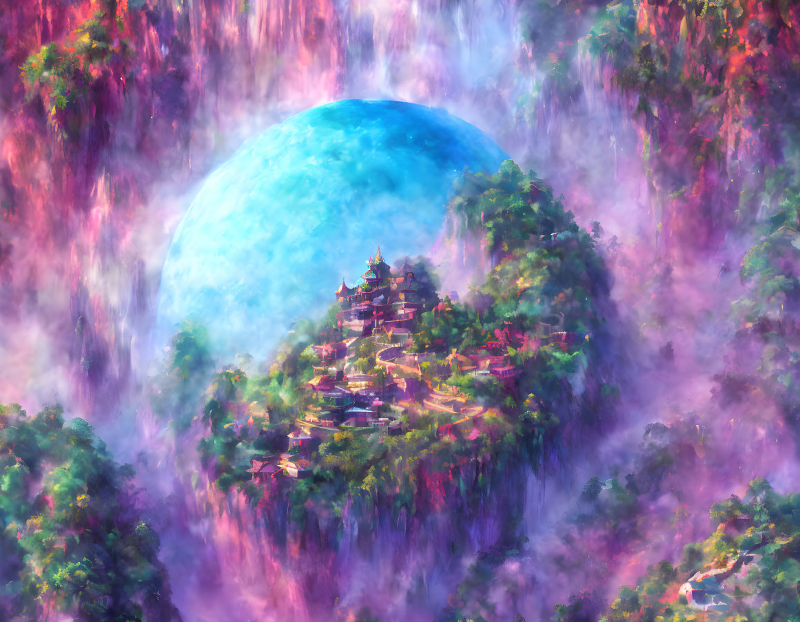 Pagoda-style structure in mystical landscape with waterfalls and giant blue planet.