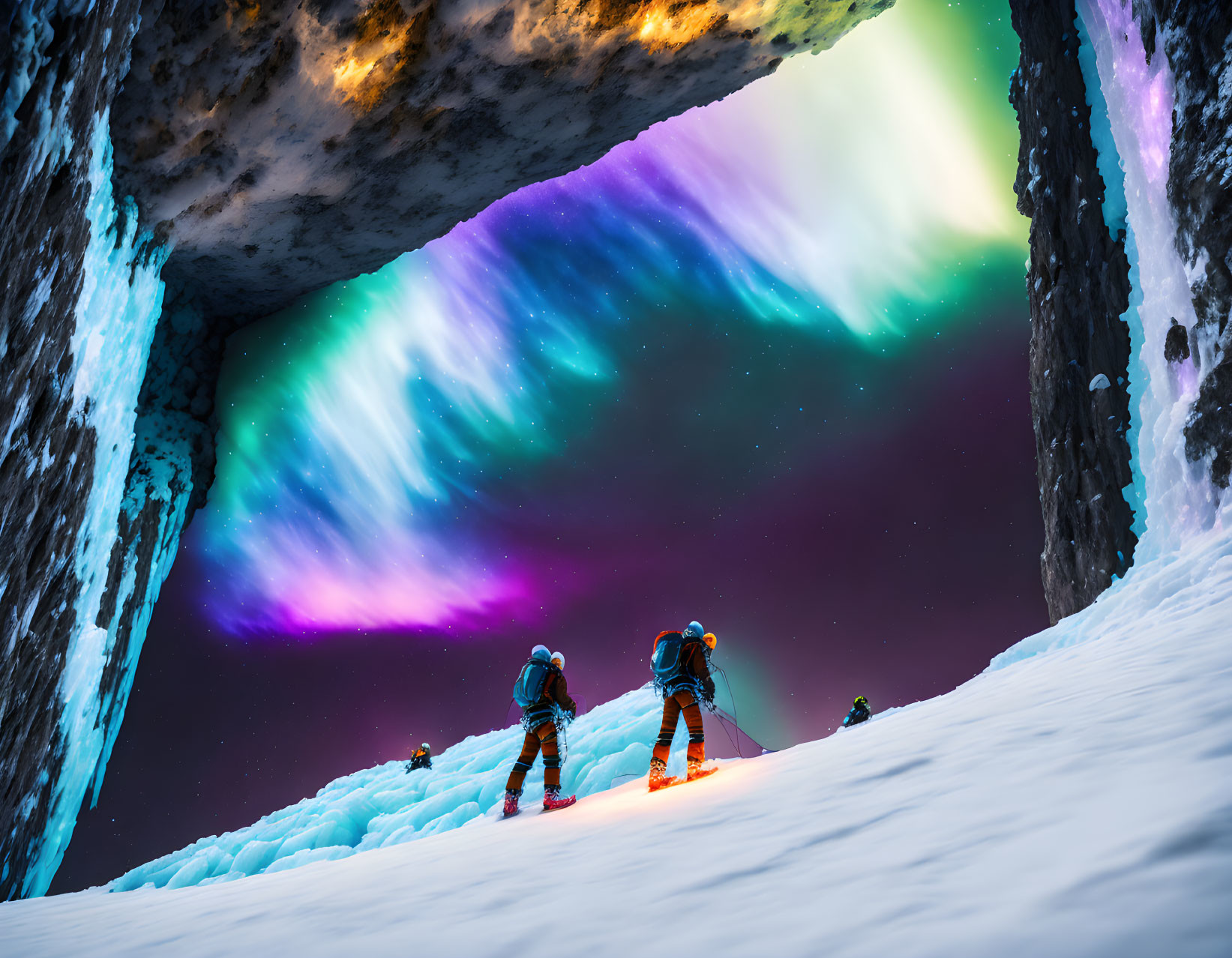 Climbers on snowy slope under colorful aurora borealis