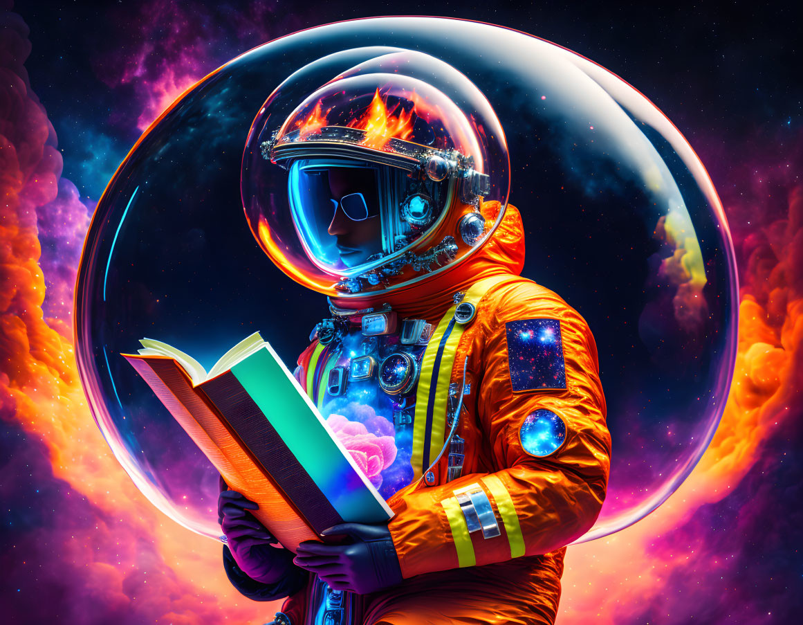 Astronaut in orange suit reading book in cosmic setting with nebulas and planet