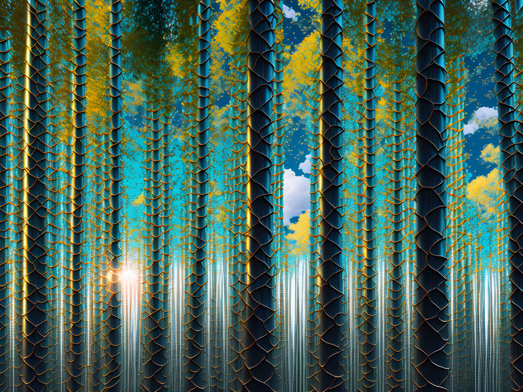 Digitally created forest of honeycomb-patterned structures in yellow-leaved trees