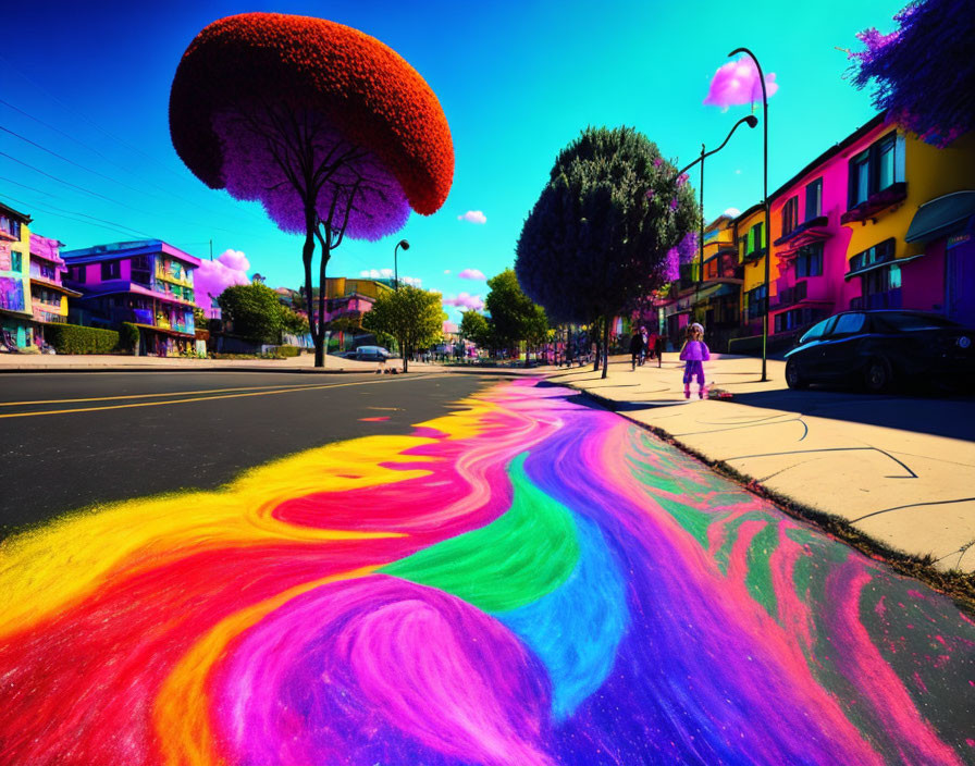 Colorful surreal streetscape with swirling road and bright buildings.