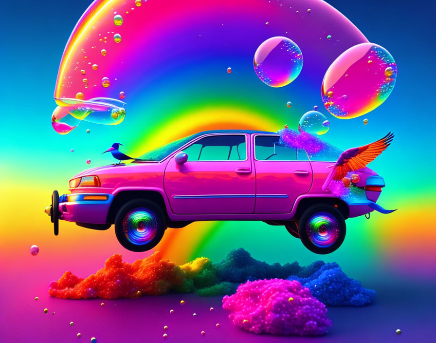 Vibrant surreal image: Pink winged car on colorful clouds, rainbow, bubbles