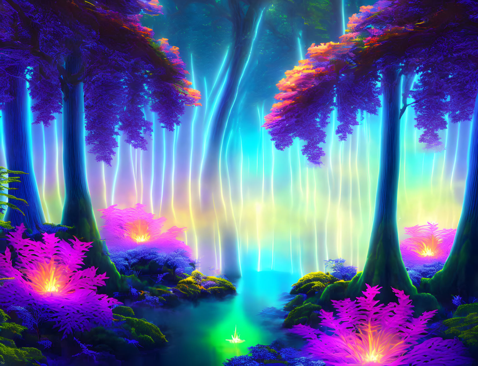 Mystical forest with neon lights, pink and purple foliage, and blue river