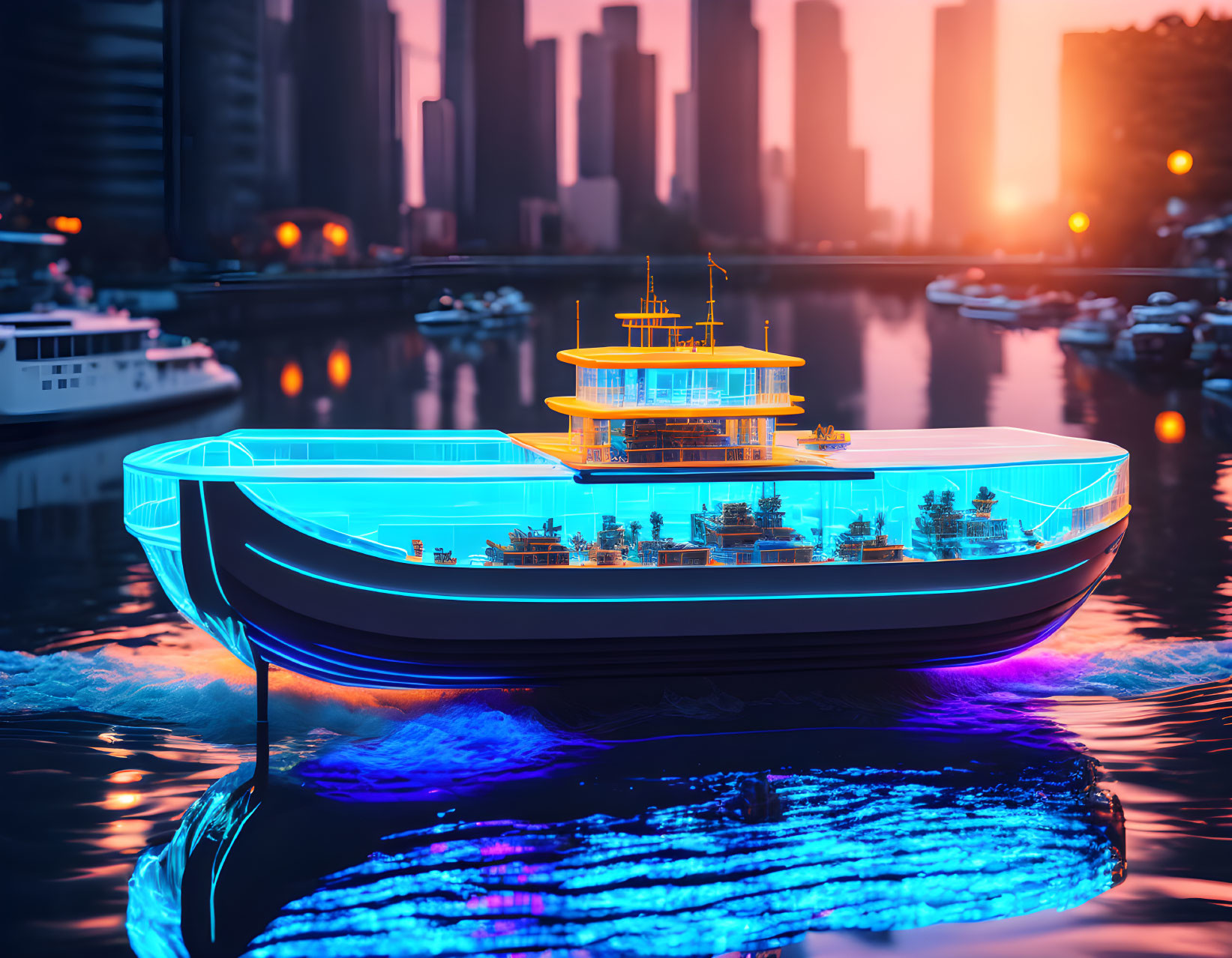 Modern cruise ship with transparent sides and neon lights in city harbor.