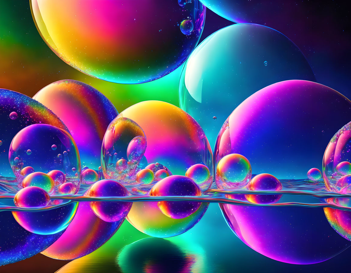 Colorful bubbles float above and below water, reflecting light.