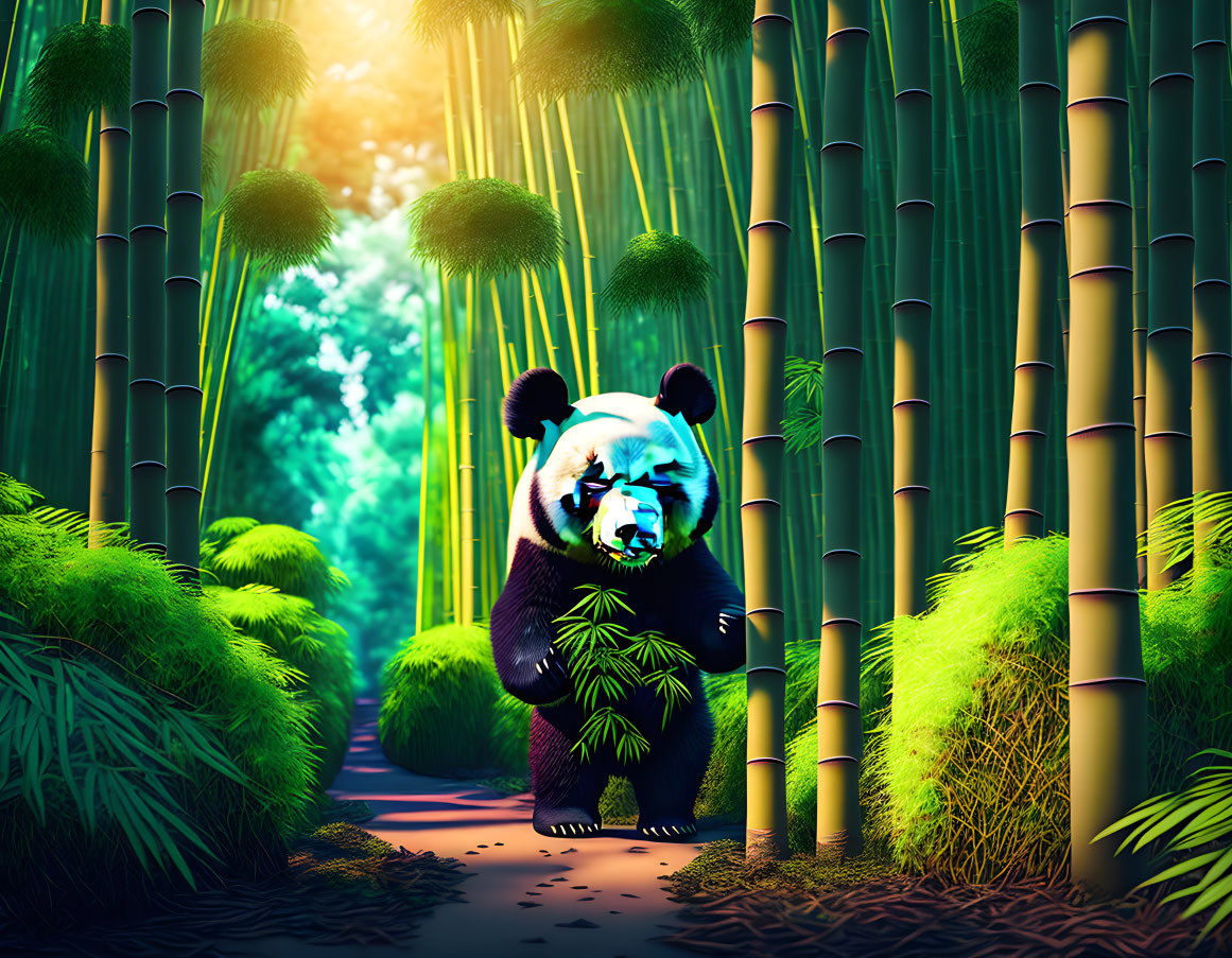 Panda in Sunlit Bamboo Forest Serenity