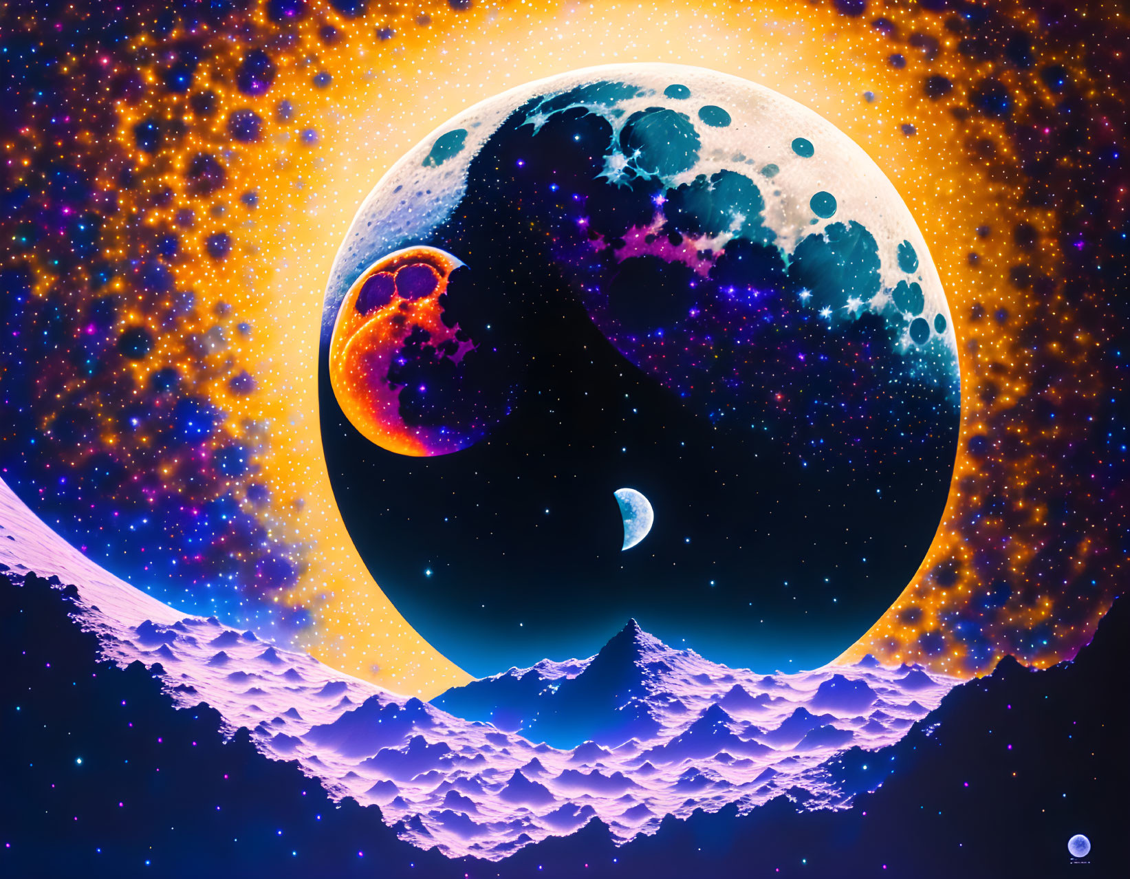 Illustration of celestial body, moon, and mountains in vibrant space scene