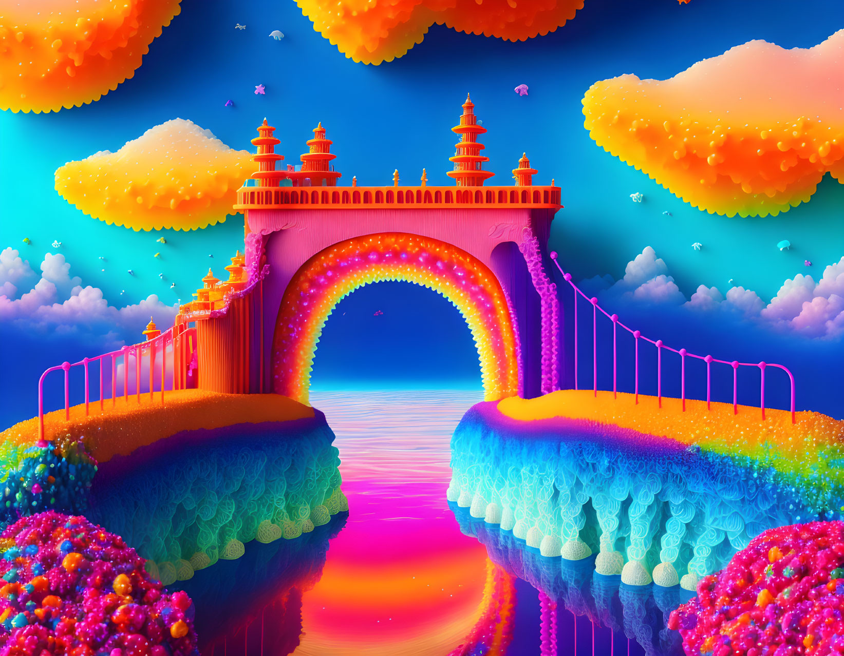 Colorful surreal landscape with ornate bridge and glowing arch surrounded by bright clouds, lush flora, and