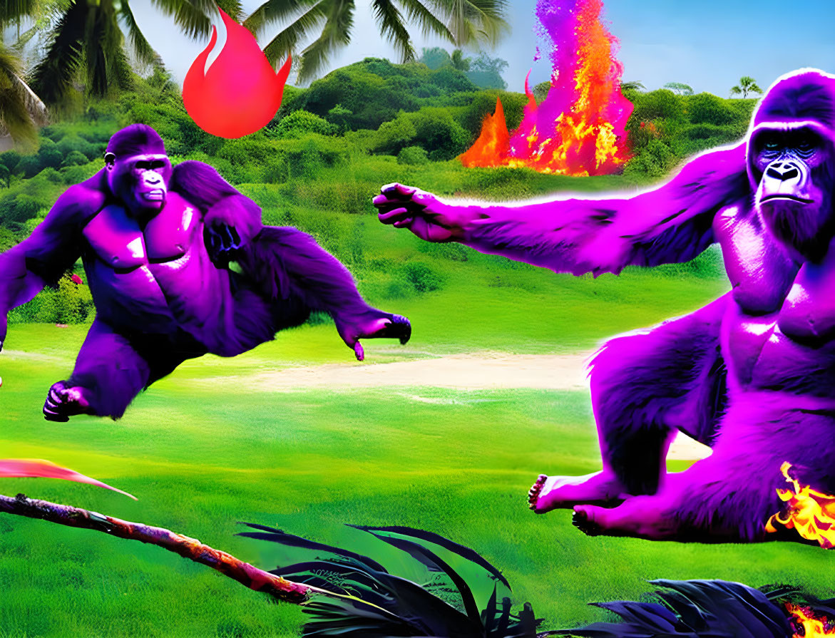 Two purple gorillas in surreal landscape with one tossing flame