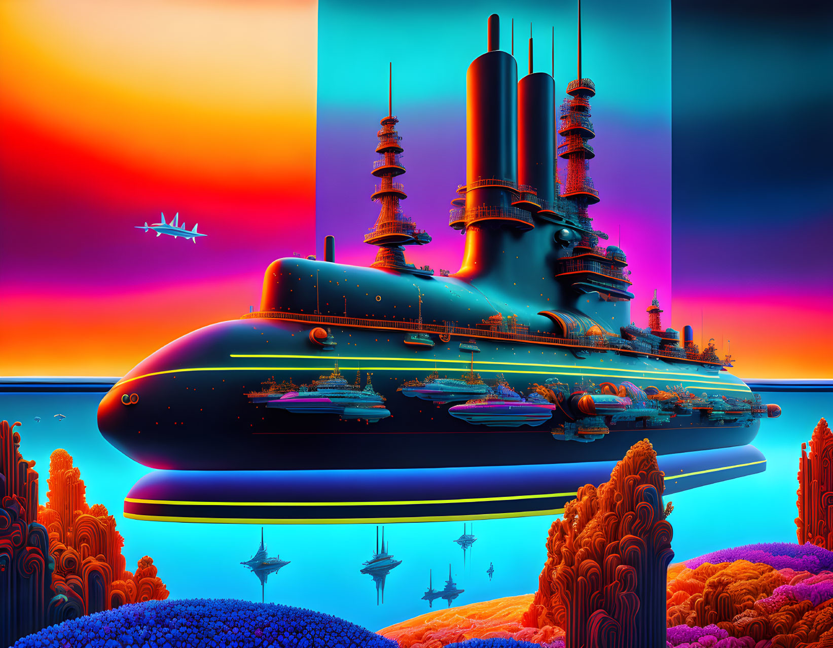 Colorful futuristic submarine ship over alien sea with coral structures