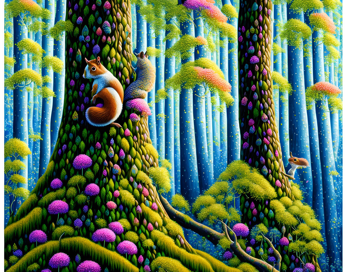 Whimsical forest scene with squirrels and colorful flora