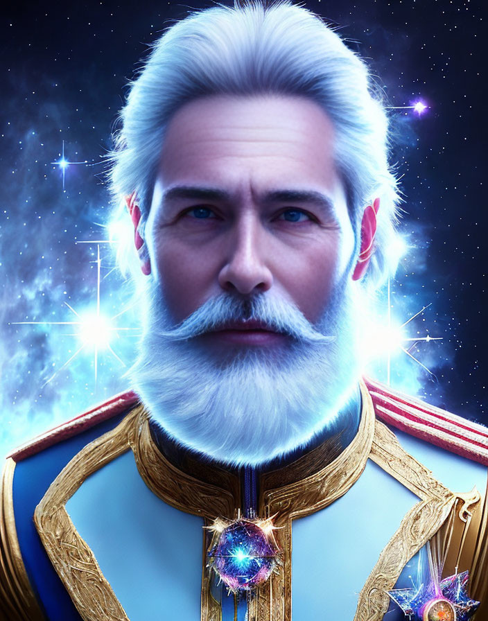 Digital artwork of man with white beard in regal attire against cosmic background