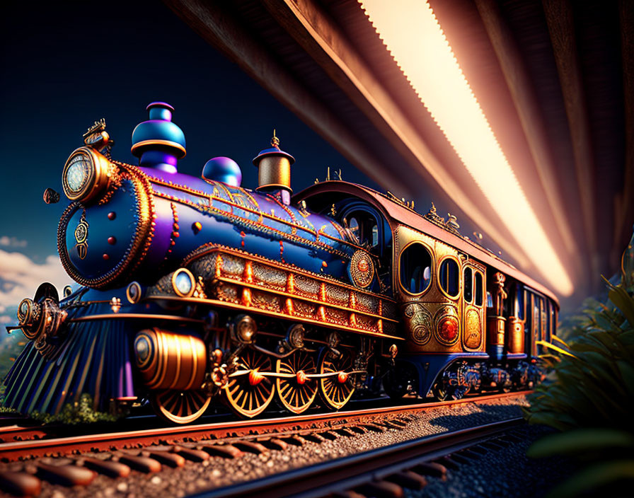 Blue and gold ornate steam train speeding on tracks with bright headlamp