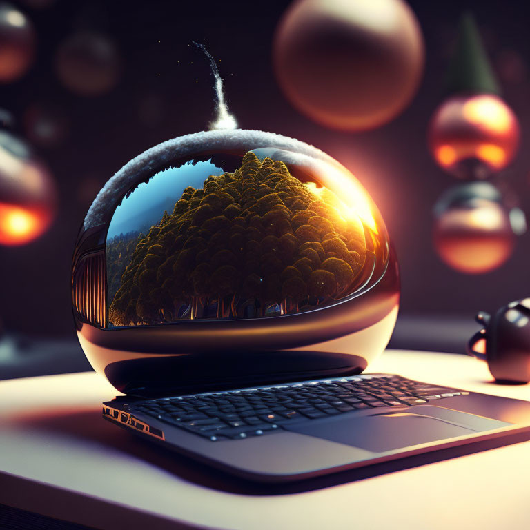 Snow Globe with Forest Inside Surrounded by Glowing Orbs on Laptop