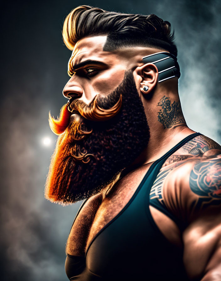 Portrait of a man with voluminous beard, undercut hairstyle, tattoos, tank top, and earphones