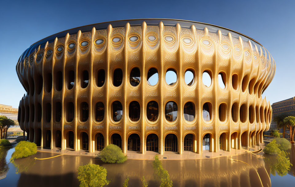 Contemporary building with rounded honeycomb facade near water and trees under clear sky