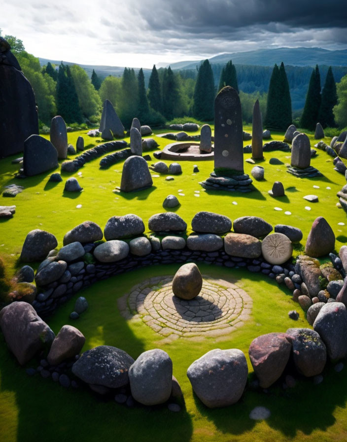 Stone circle with central stone in grassy field, surrounded by boulders, trees, and dramatic