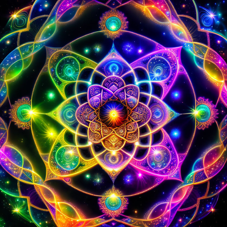 Colorful Digital Mandala with Neon Lights on Starry Background