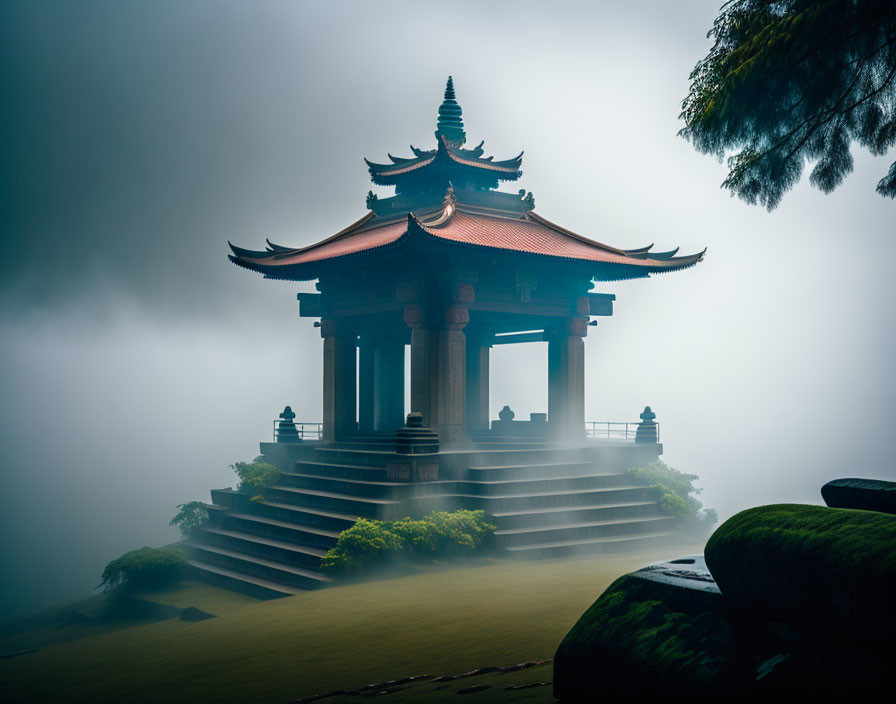 Asian-style Pagoda Surrounded by Mist and Greenery