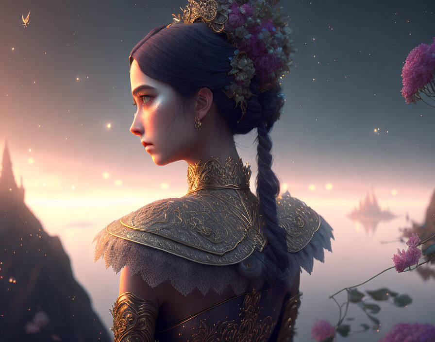 Regal woman with ornate braid in floral crown at golden sunset