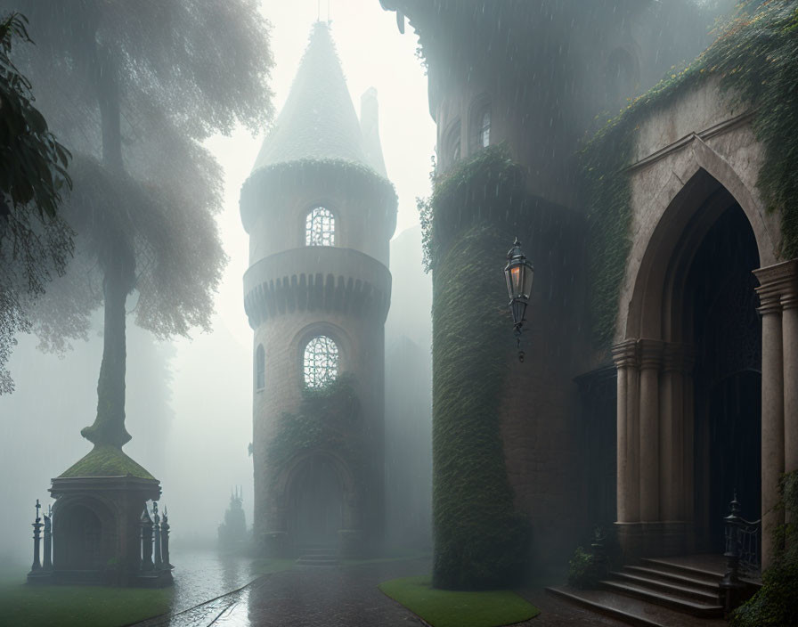 Medieval tower and building in foggy scene with streetlamp and lush trees