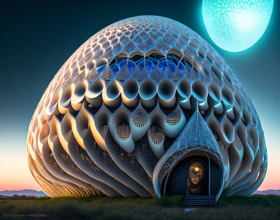 Organic-shaped futuristic building under surreal sky with glowing orbs