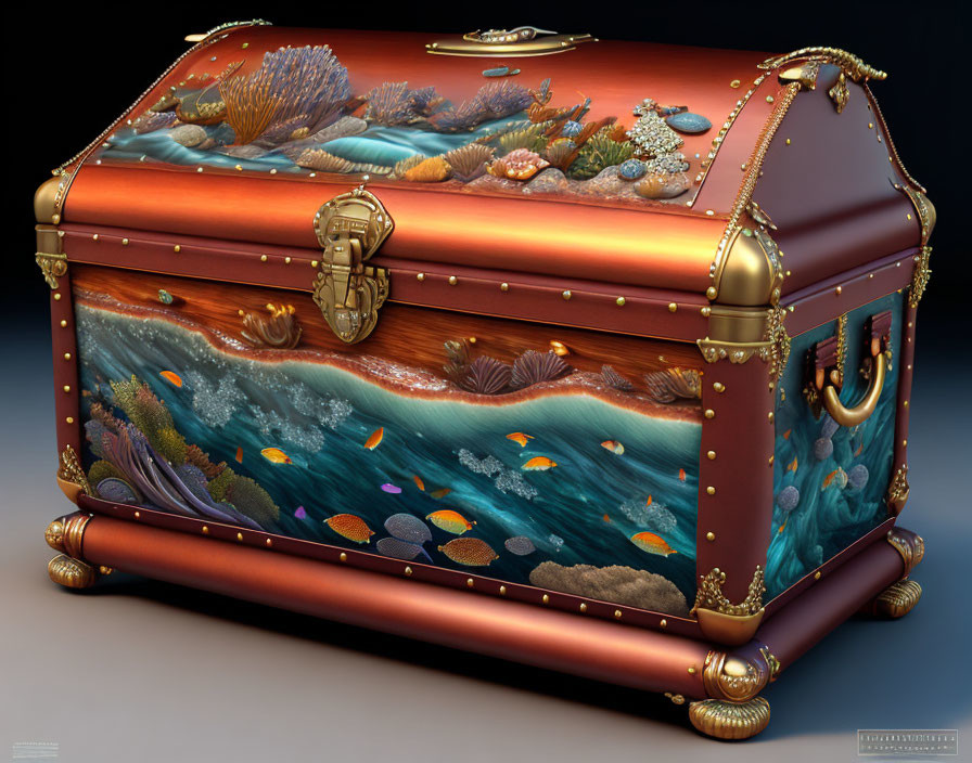 Colorful Marine-themed Ornate Treasure Chest with Gold Accents