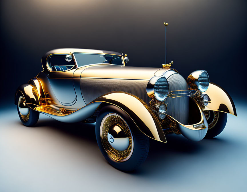 Vintage Car with Golden and Silver Finish on Dark Background