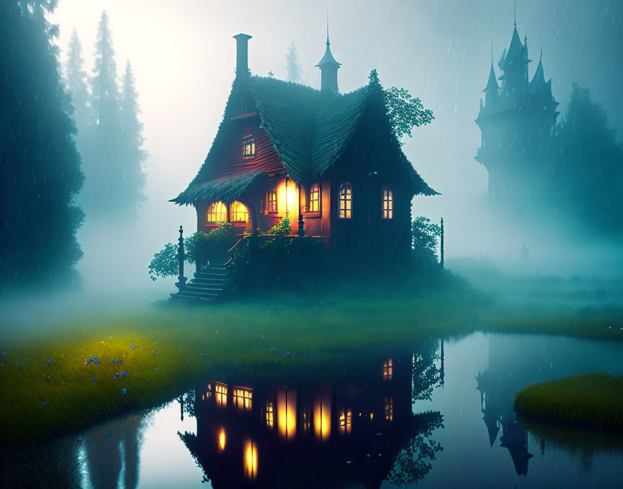 Wooden Cottage by Pond on Foggy Night with Castle Silhouette