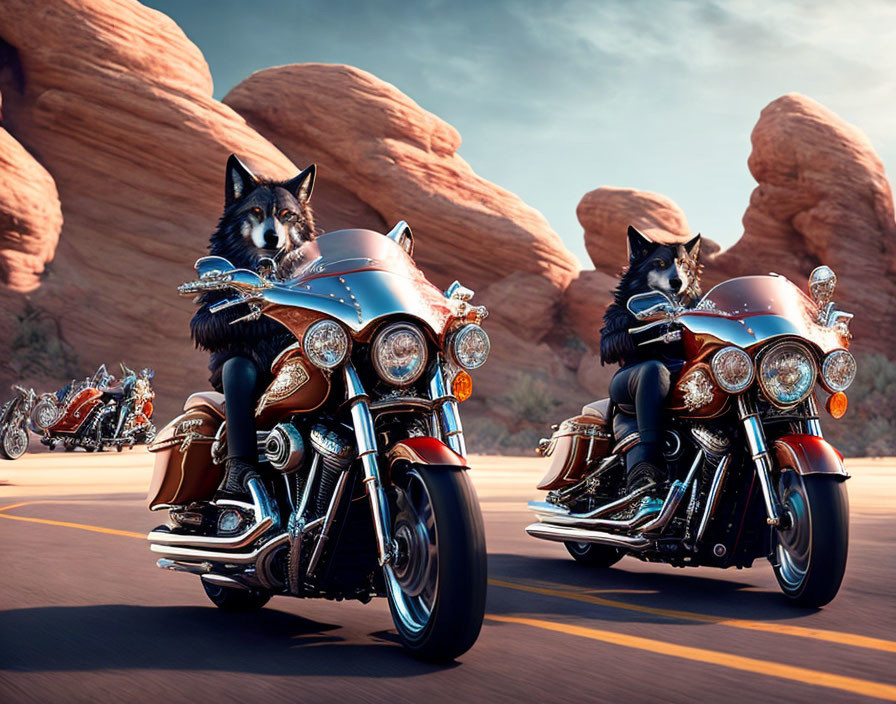 Two dogs on motorcycles in desert landscape with red rock formations