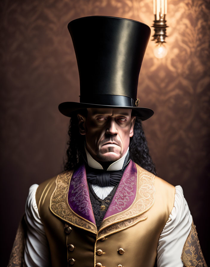 Vintage Attire Man with High Top Hat and Purple Waistcoat Against Moody Backdrop