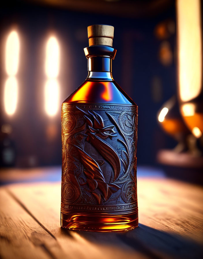 Intricately embossed square whisky bottle on wooden surface