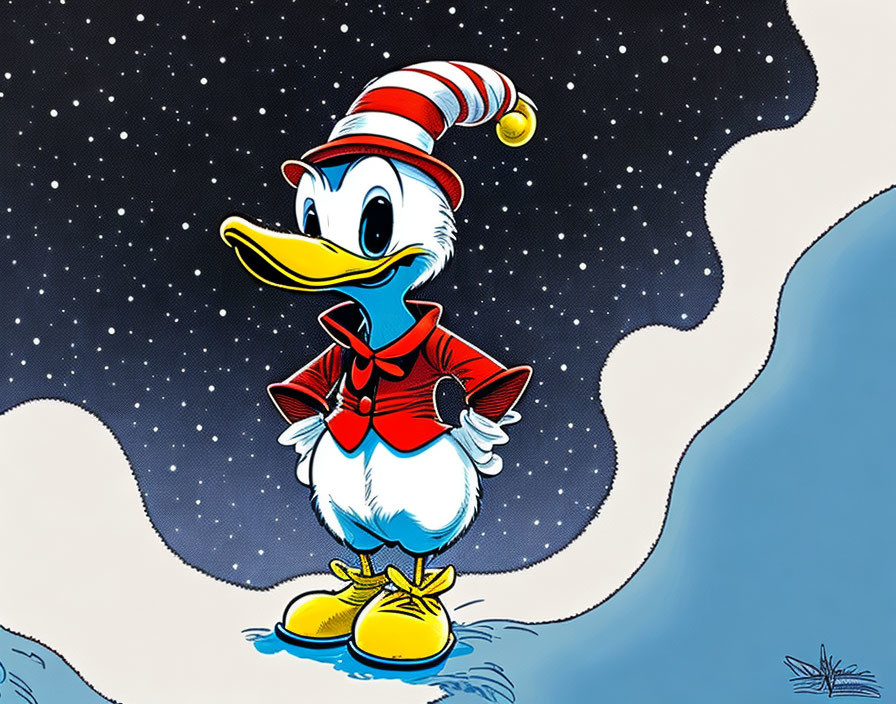 Cartoon Duck in Red Shirt and Striped Hat on Snowy Night