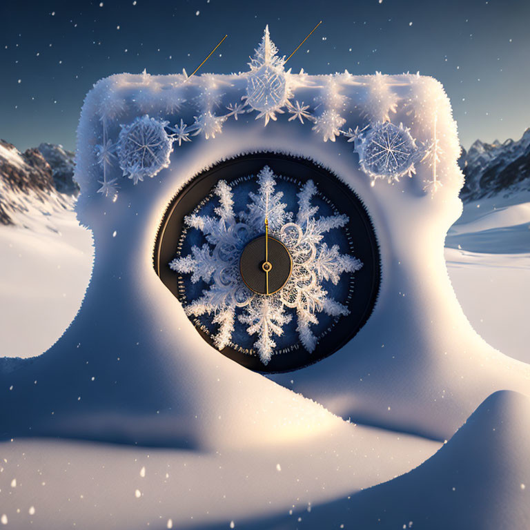 Surreal snowflake-shaped opening with clock in snowy mountain landscape