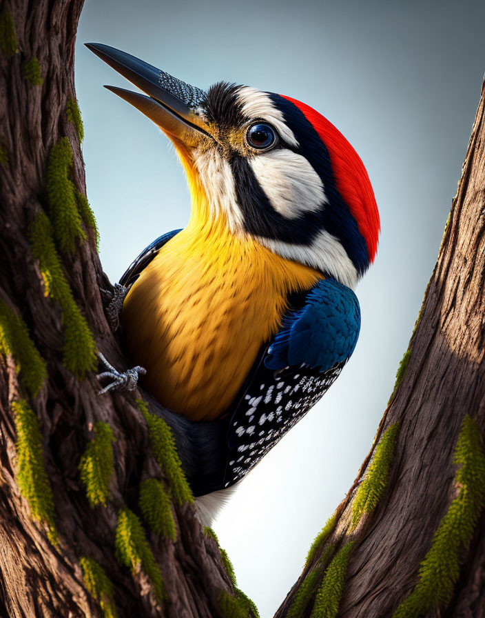 Vibrant woodpecker with red cap and yellow underparts behind mossy tree trunk