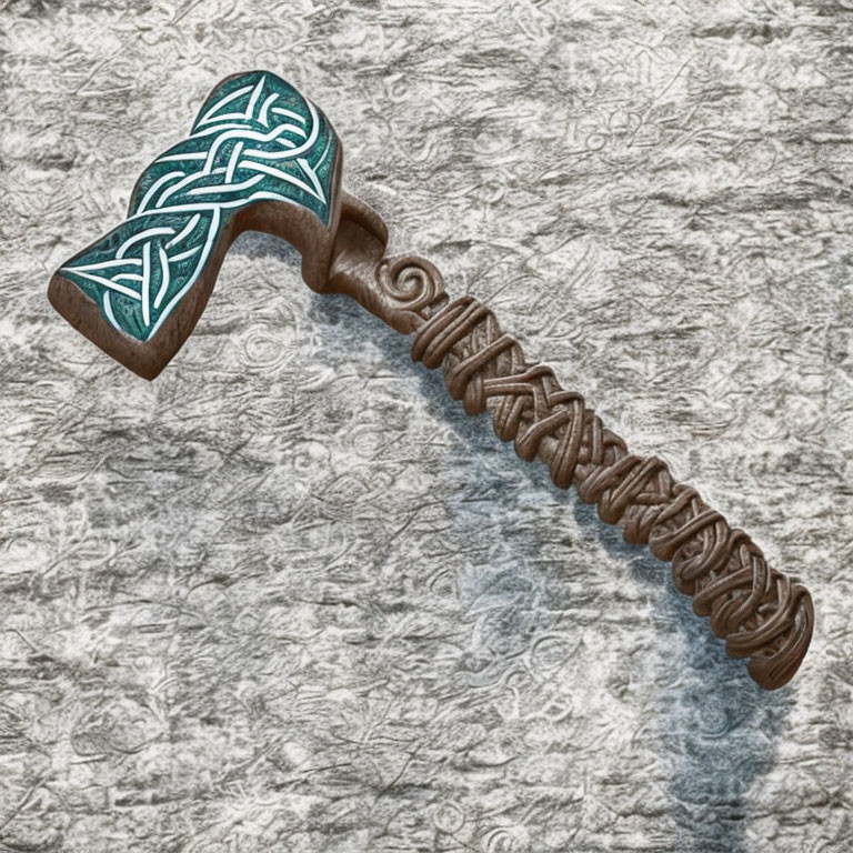 Stylized 3D Rendering of Celtic Pattern Hammer on Stone Surface