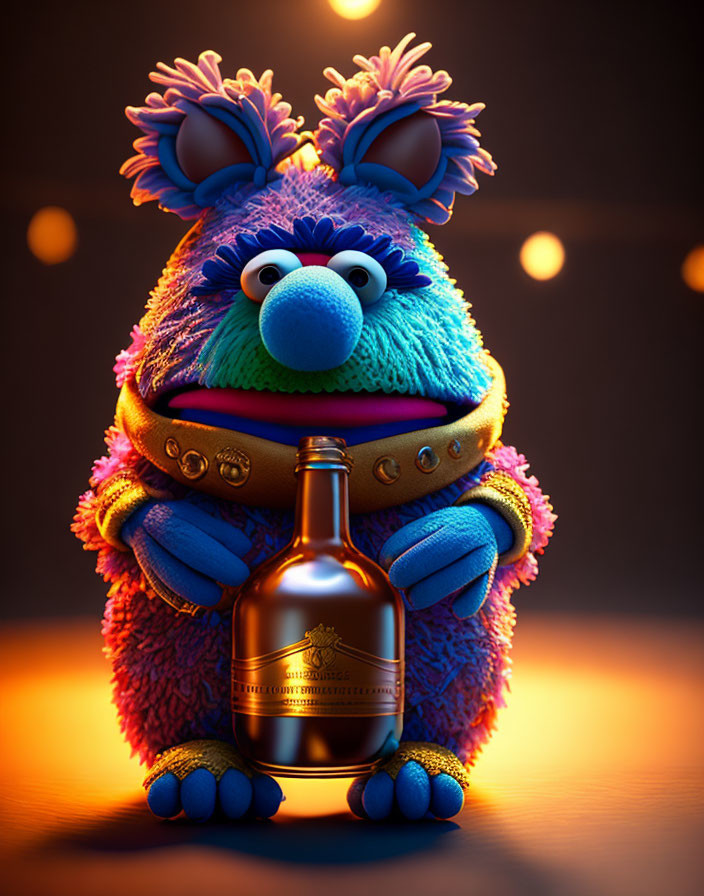 Vibrant furry creature with blue nose and purple tufts holding amber bottle on dark backdrop