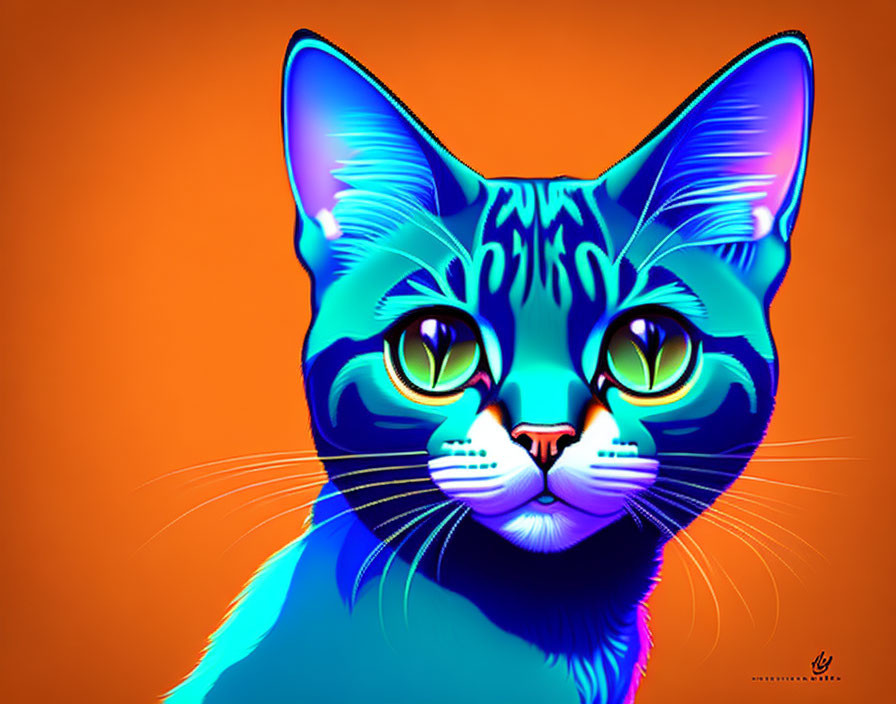 Colorful Digital Art: Blue Cat with Green Markings and Yellow Eyes on Orange Background