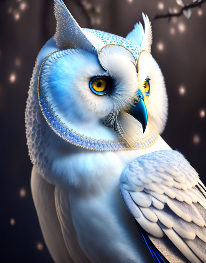 Stylized white owl with blue eyes and intricate feathers on dusky background