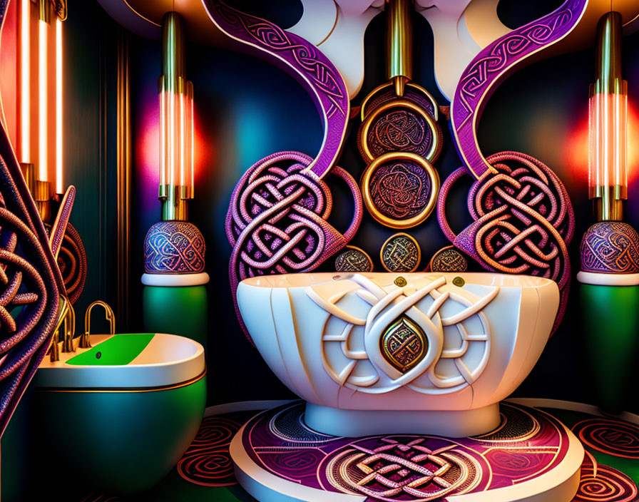 Colorful psychedelic bathroom with Celtic knot designs, neon lights, modern sink