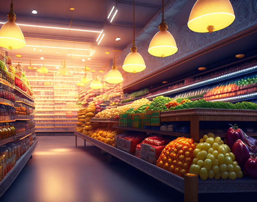 Brightly lit grocery store aisle with fresh fruits and vegetables neatly displayed