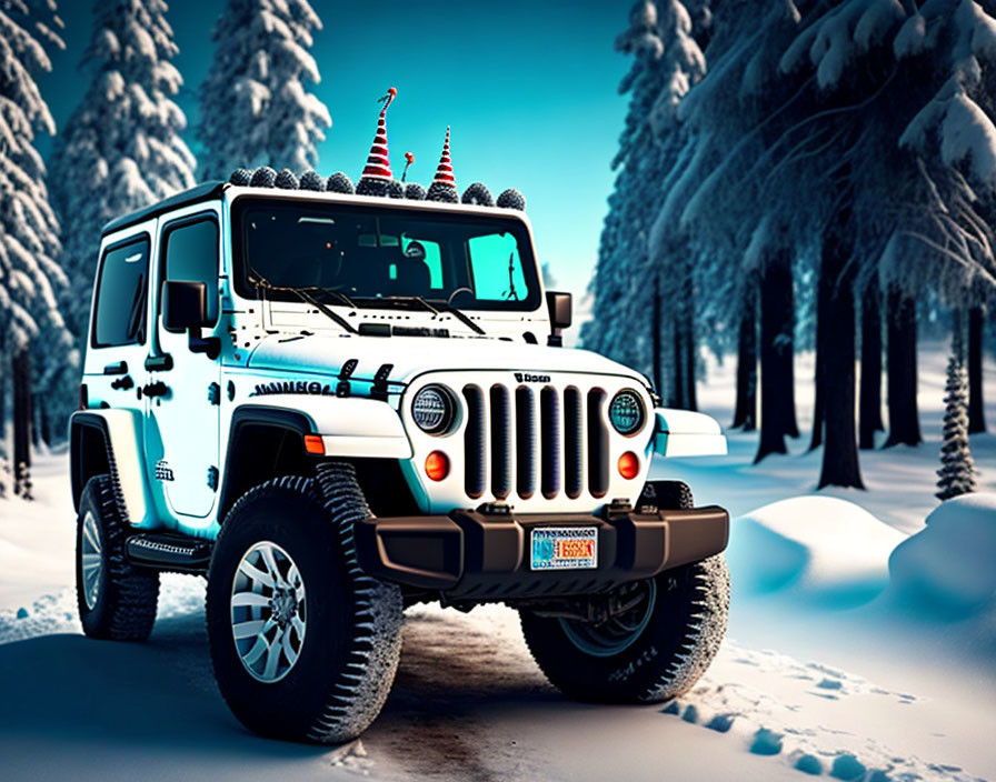 White Jeep with Antlers and Red Nose in Snowy Forest