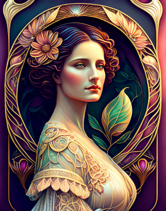 Floral Art Nouveau Portrait with Vibrant Colors