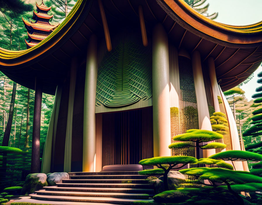 Traditional Japanese pagoda in lush green setting with stylized trees