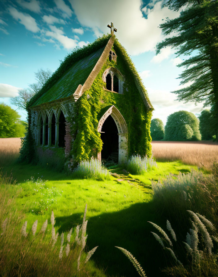 Ivy-covered church in lush greenery under blue sky