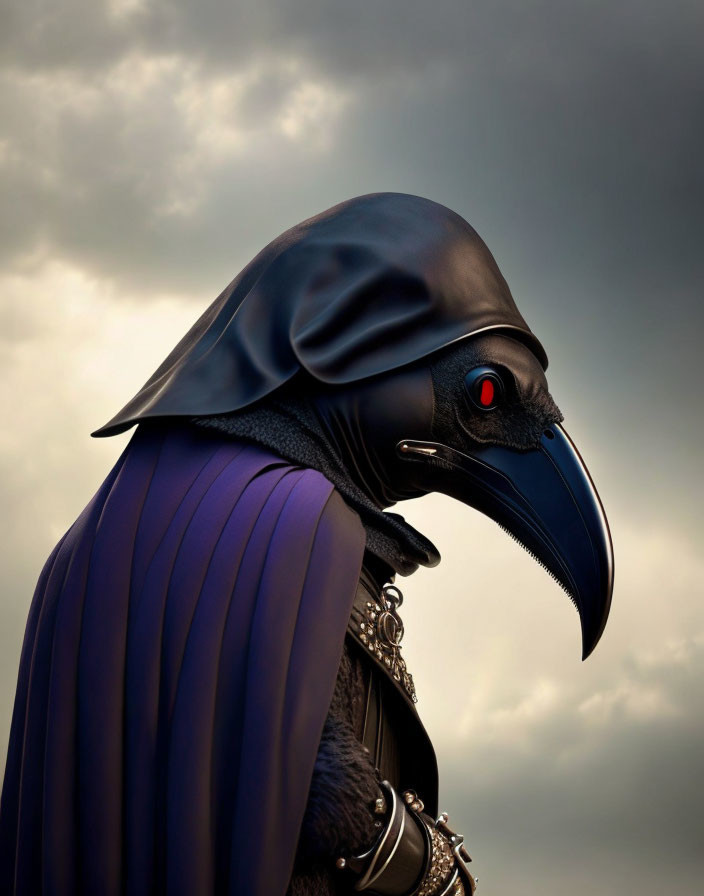 Medieval plague doctor costume with beaked mask in cloudy sky