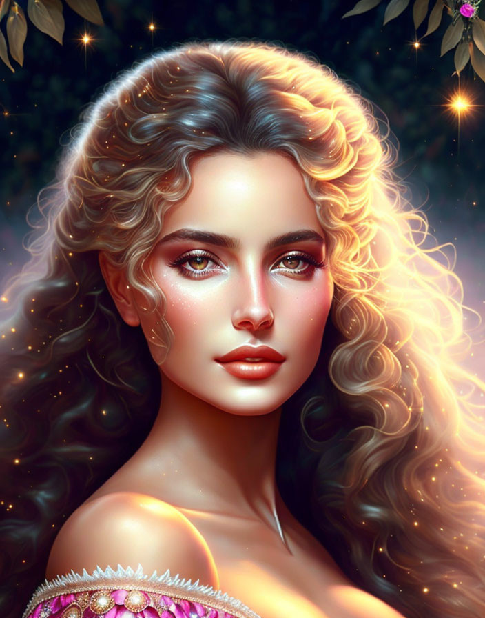 Blonde woman with curly hair in starry night scene