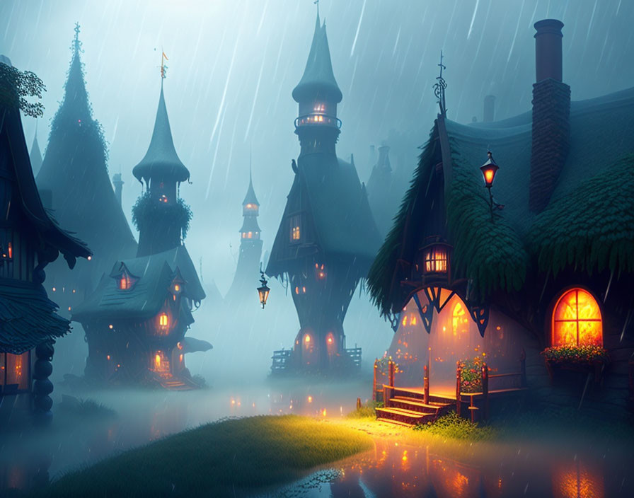 Enchanting village with cozy houses and lit lanterns in twilight rain